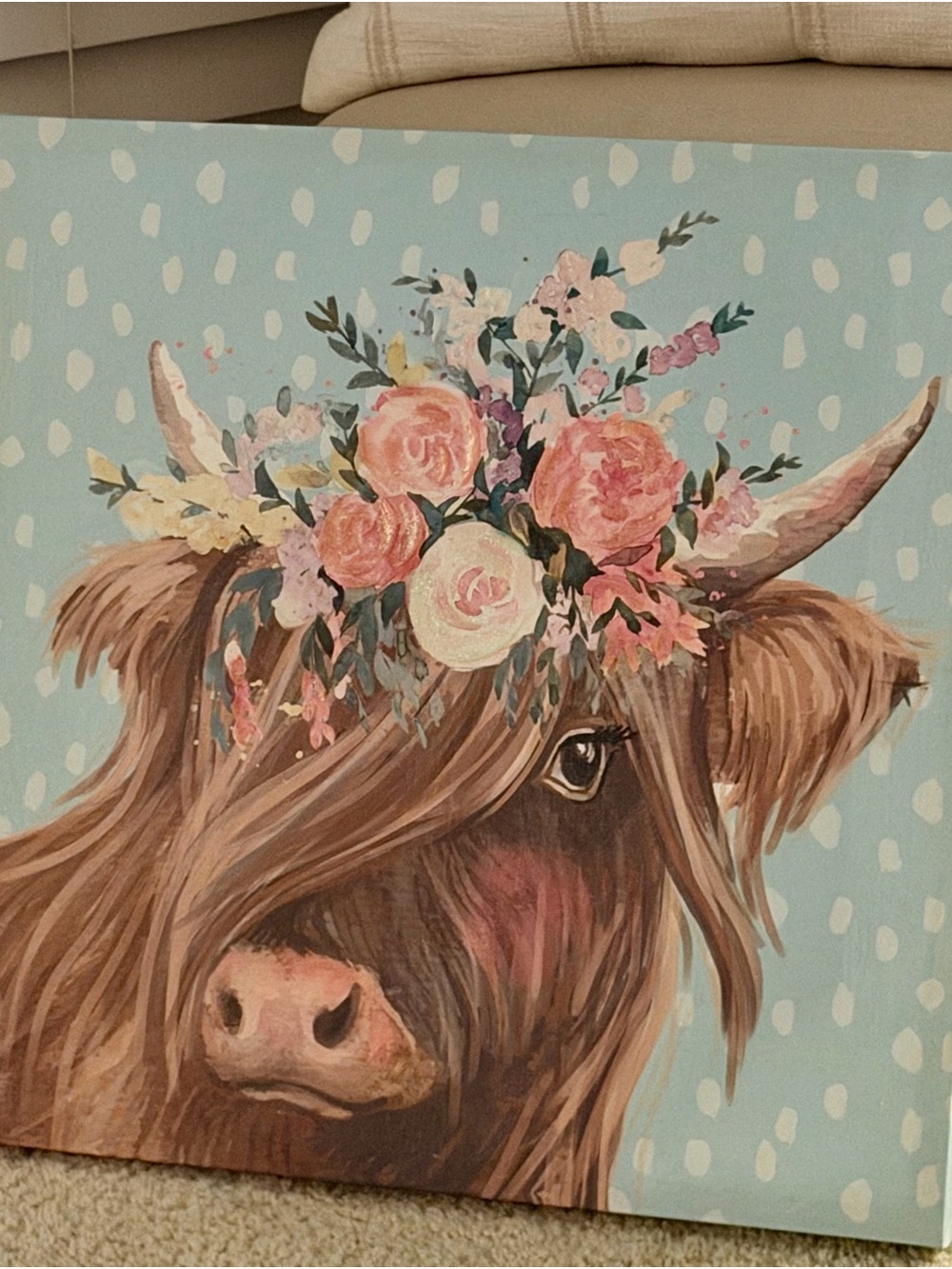Floral Highland Cow Wall Art Print - Blue & Pink Canvas